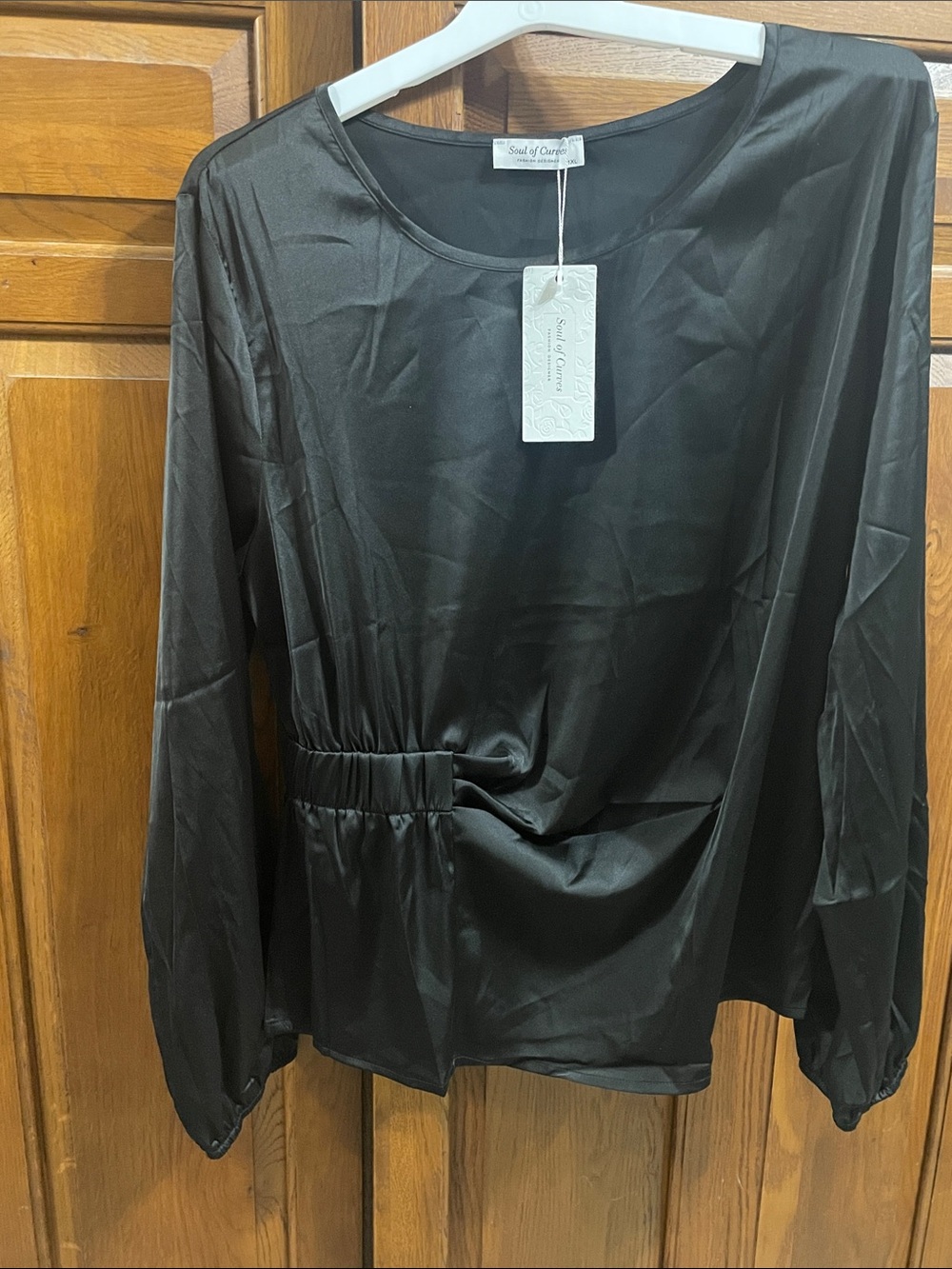 Women's Black Long-Sleeve Blouse silk/satin like NWT Sz.1XL no stretch